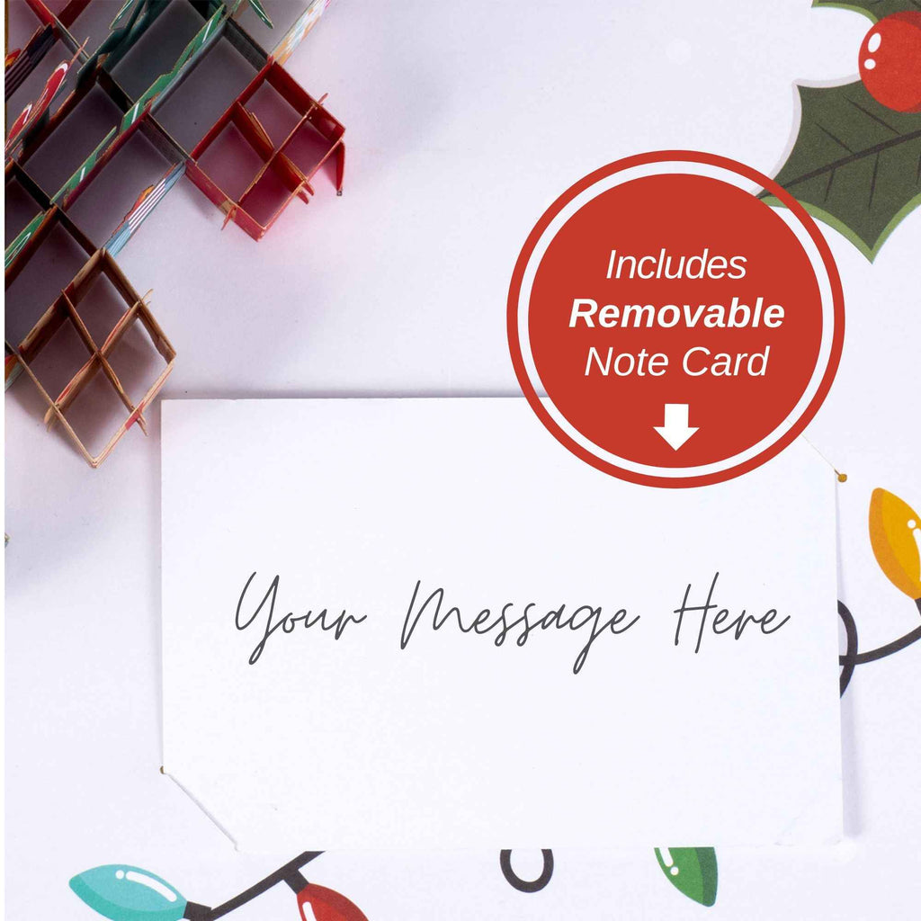 Christmas pop-up card with “Your message Here” and removable note card