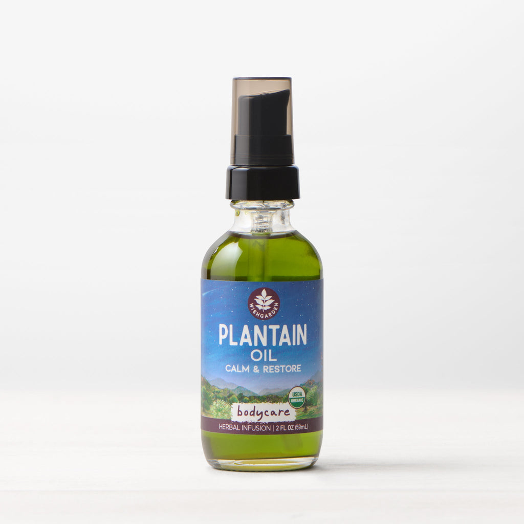 Plantain oil skincare bottle with black pump and green glass