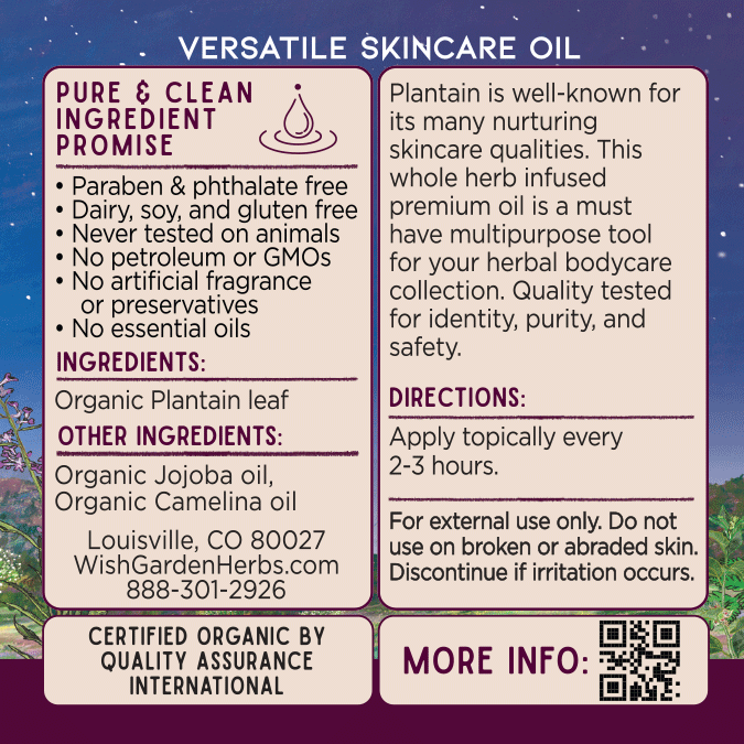 Skincare oil product label with ingredients and directions panels