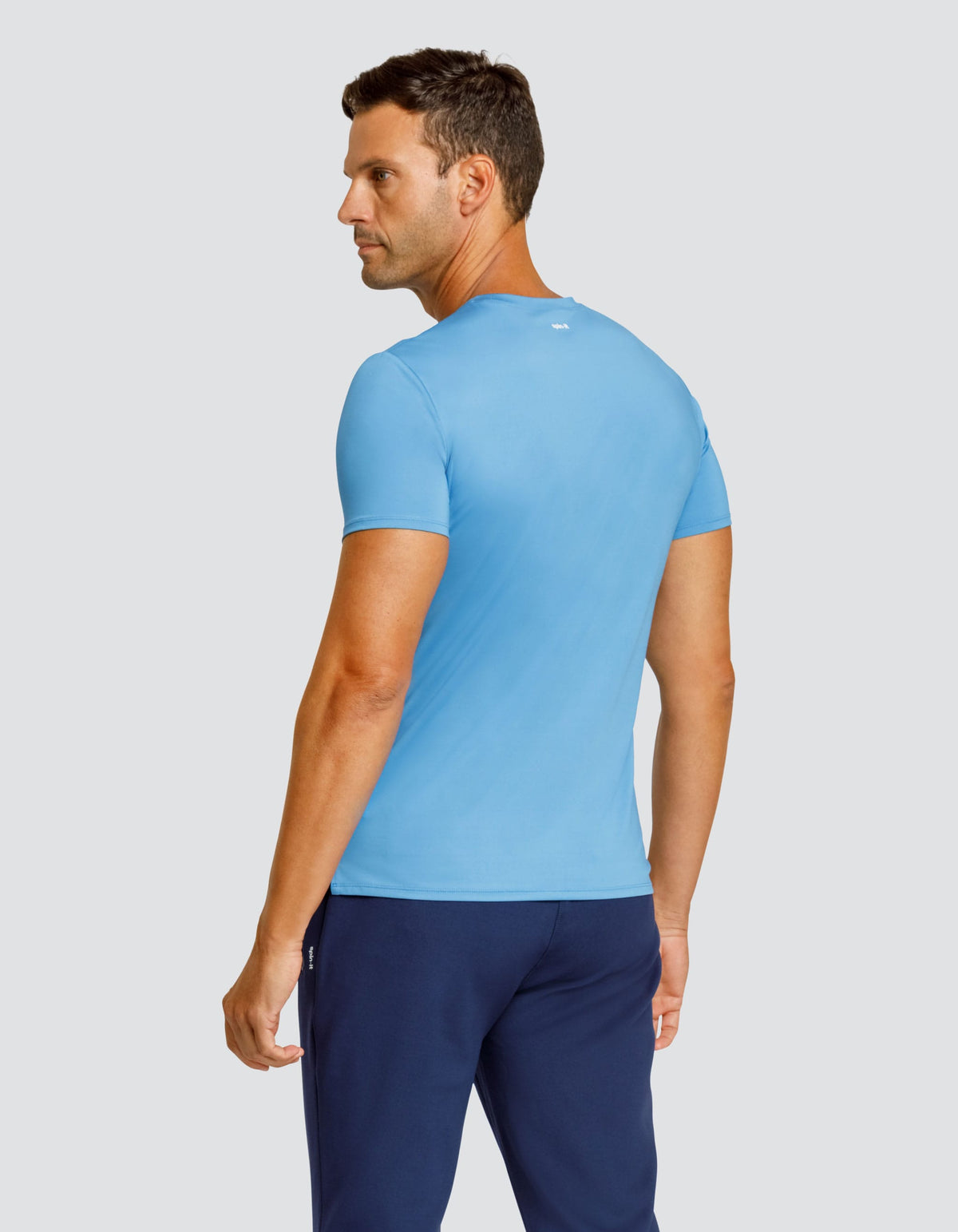 Men's light blue short-sleeve crewneck top, back view