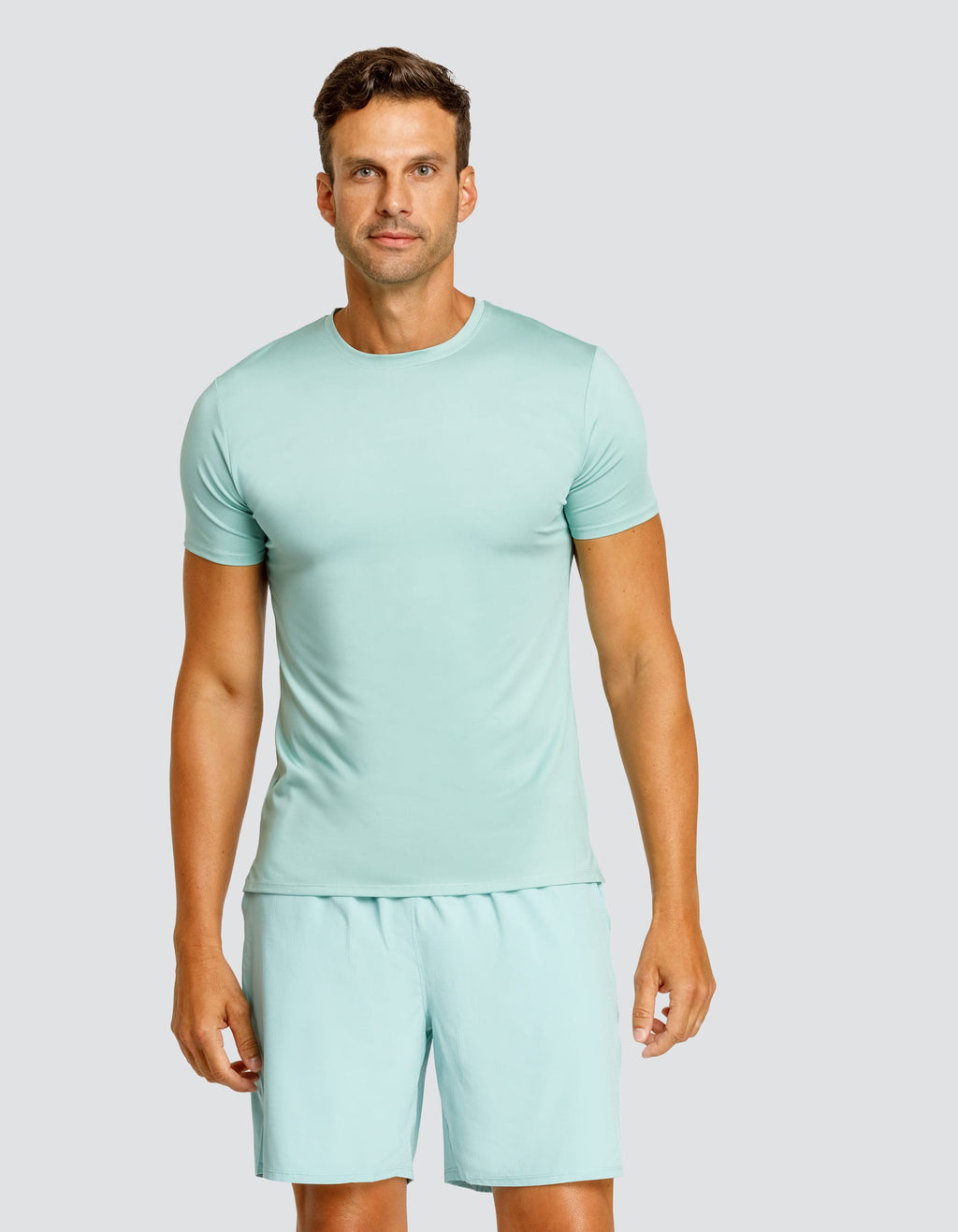 Men's aqua short-sleeve crew-neck top, front view
