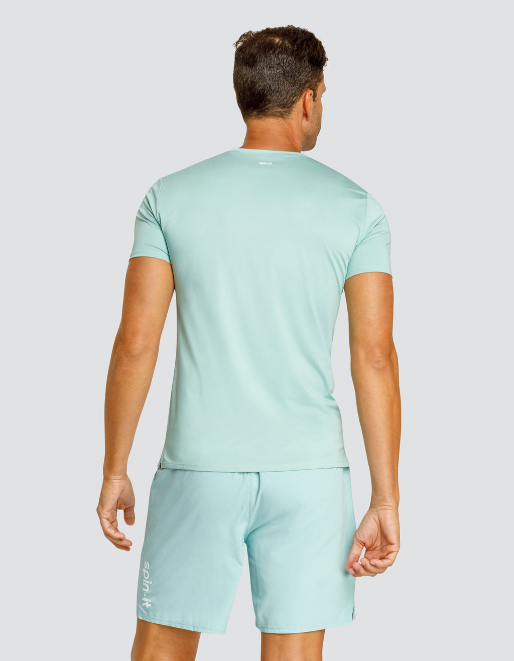 Men's aqua short-sleeve crew-neck top, back view
