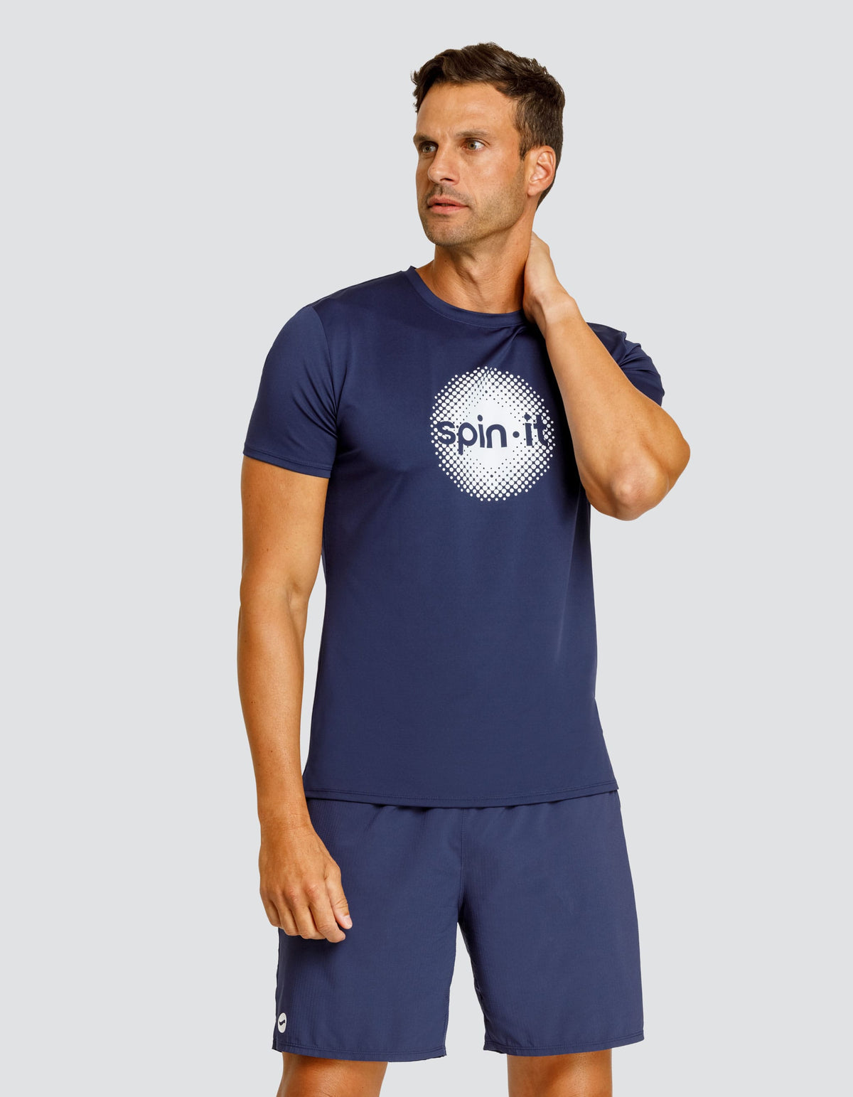 Navy short-sleeve crewneck top with spin-it logo on chest