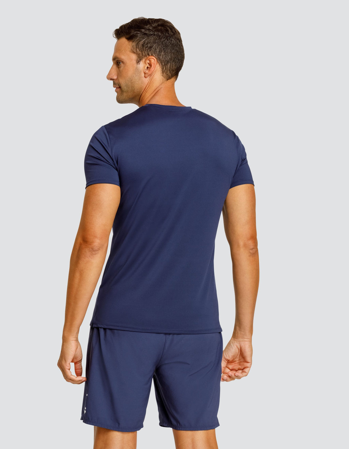 Navy short-sleeve crewneck top with plain back