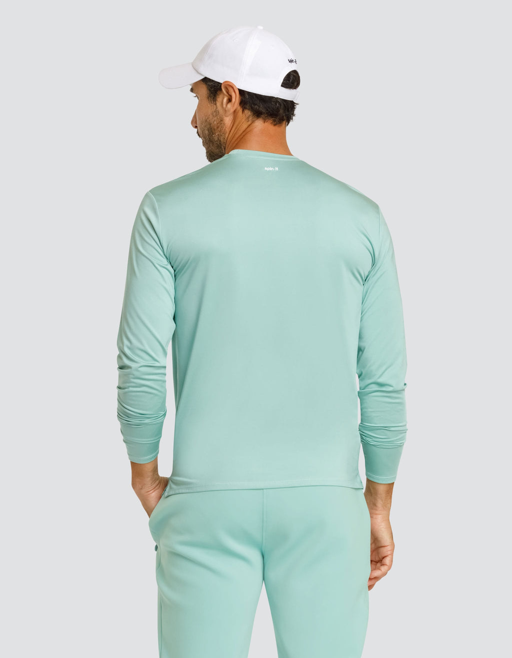 Men's aquifer teal long-sleeve crew-neck top, back view