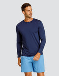 Navy long-sleeve crewneck top with fitted silhouette
