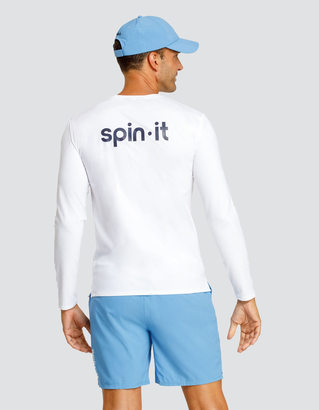 Chalk white long-sleeve crewneck top with 'spin.it' logo on back