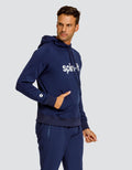 Navy hooded sweatshirt with front logo print, drawstring hood, and kangaroo pocket