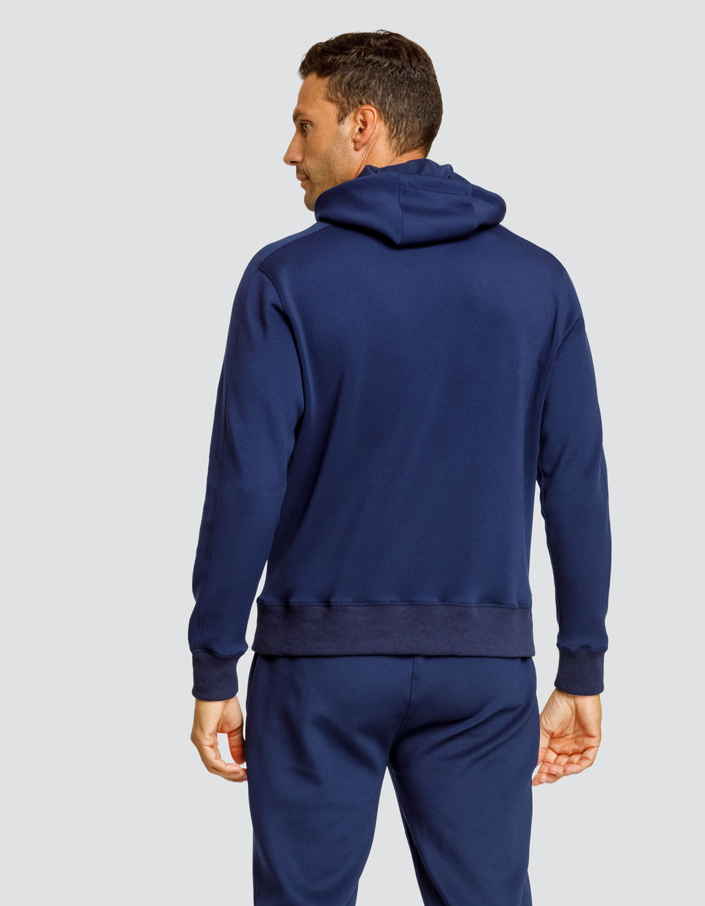 Navy hooded sweatshirt back view with drawstring hood and ribbed cuffs and hem