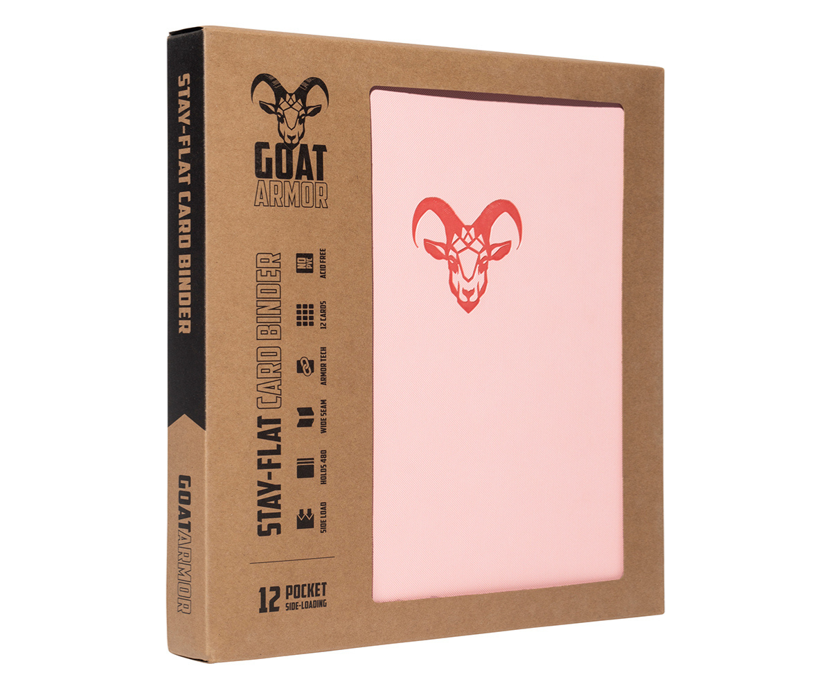 Card binder in box with pink front panel and goat head emblem