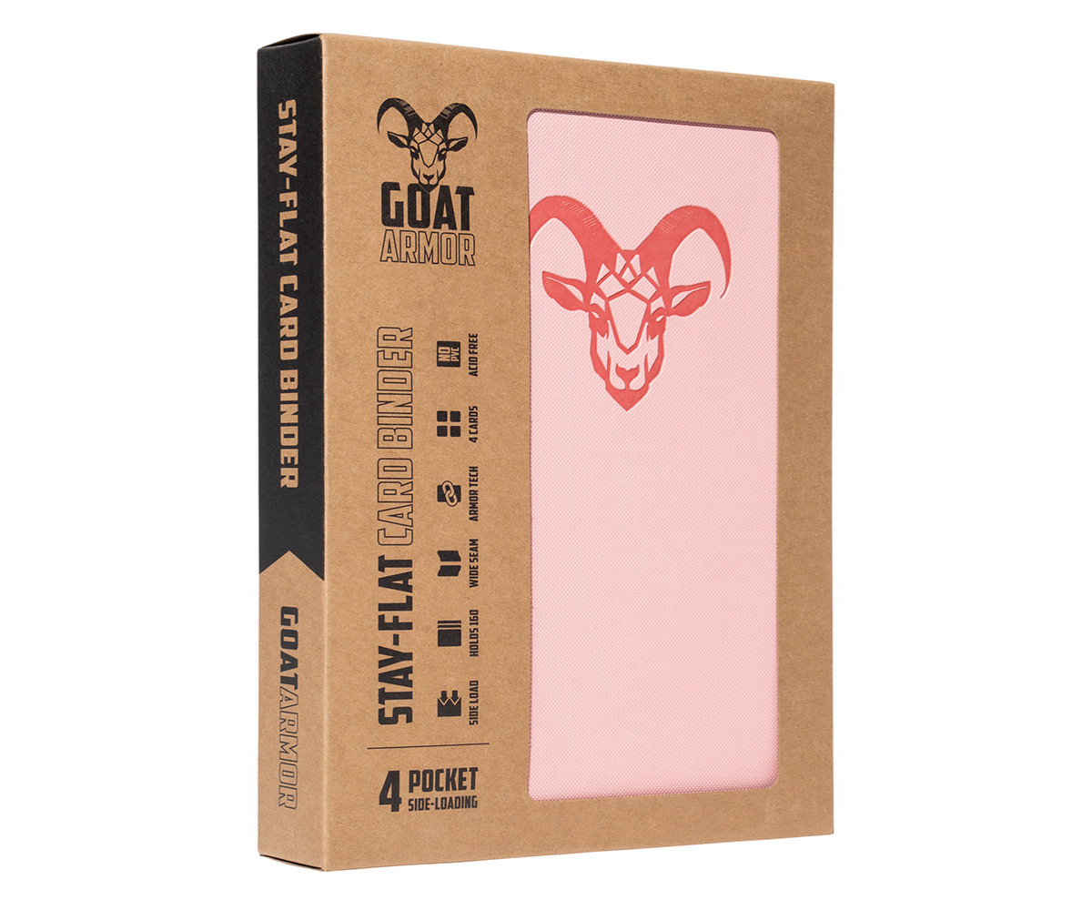 Stay Flat card binder, light pink front panel with goat icon and slide-on style
