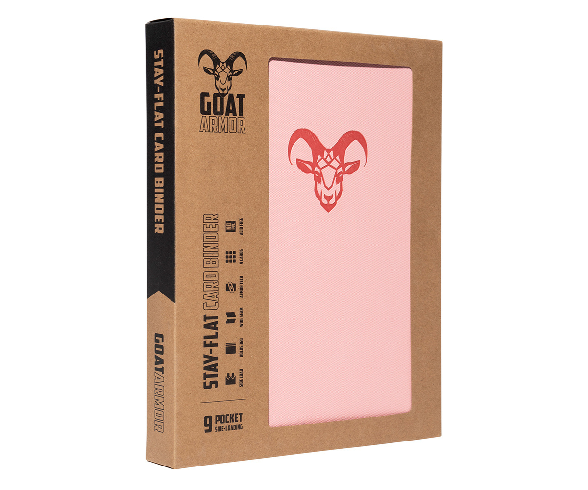 Stay Flat card binder, pale pink front panel with goat icon and slide-on style