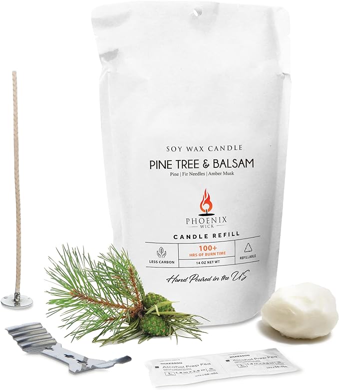 Pine Tree & Balsam soy candle refill pouch with pine sprig, wax piece, wick and stabilizers