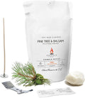 Pine Tree & Balsam soy candle refill pouch with pine sprig, wax piece, wick and stabilizers