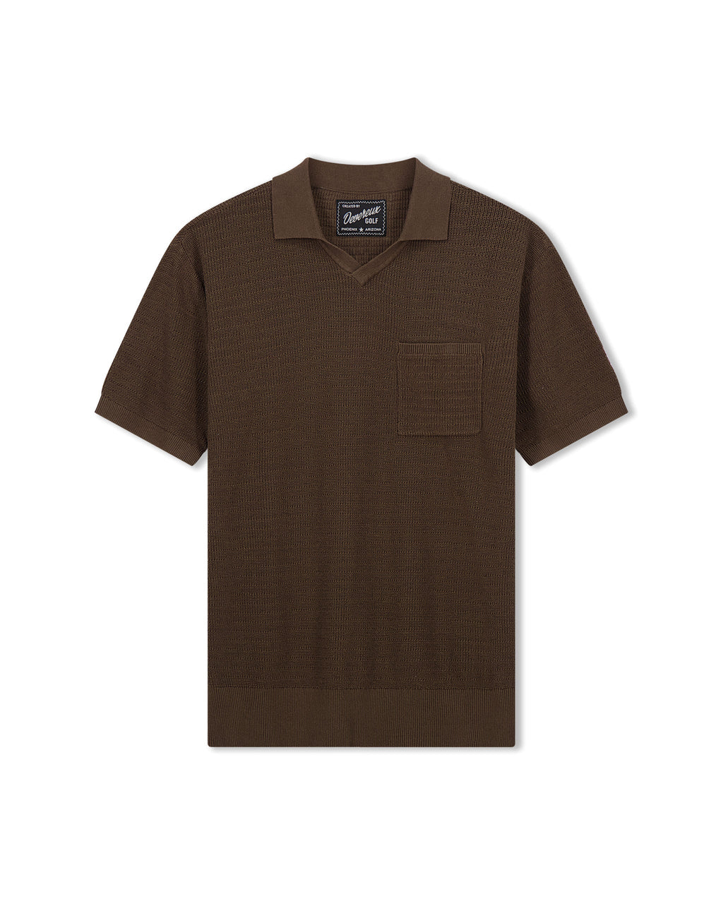 Men's knit golf polo in dark brown, short sleeves, collared placket, chest pocket.