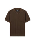 Men's knit golf polo in dark brown, short sleeves, collared placket, chest pocket.