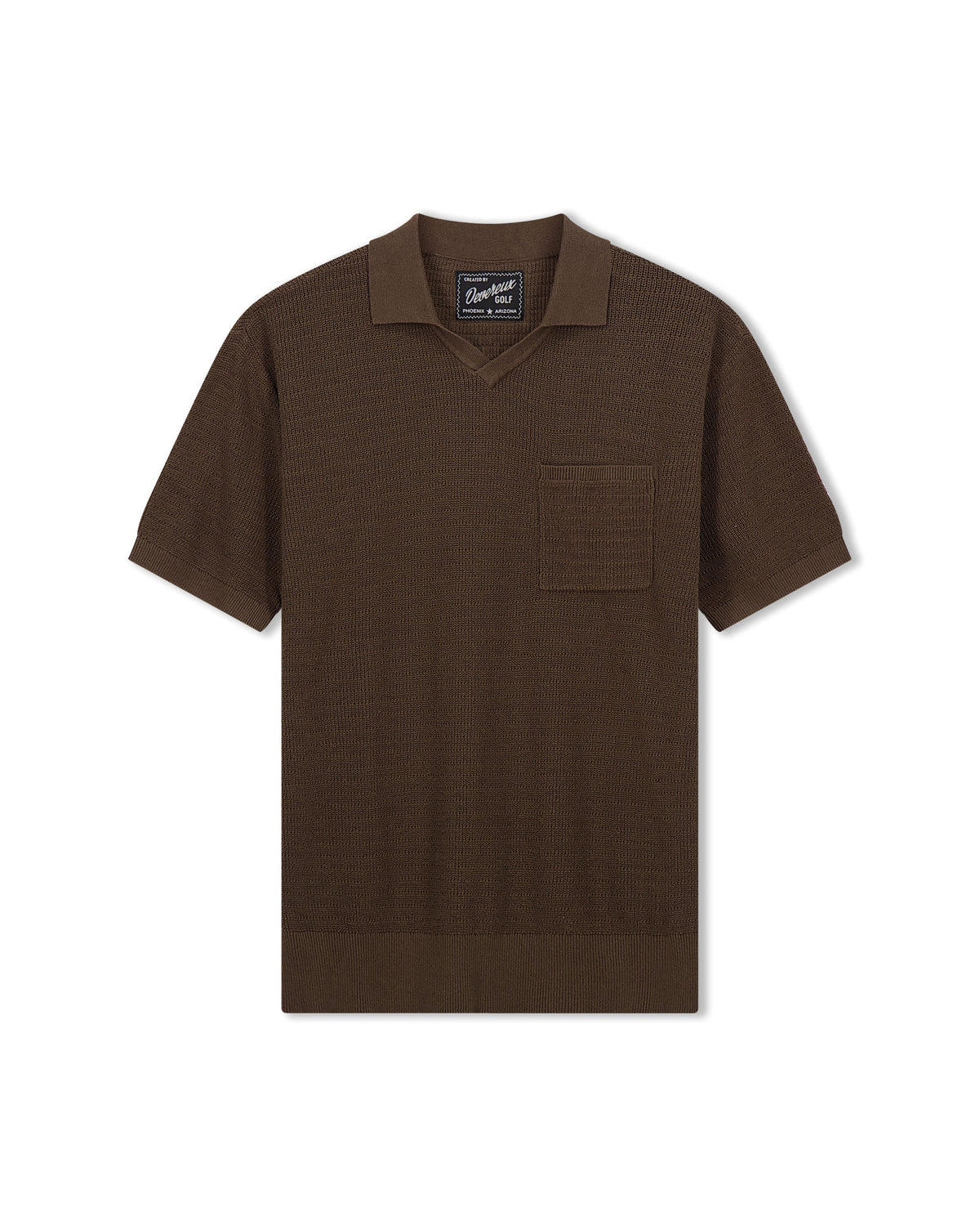 Men's knit golf polo in dark brown, short sleeves, collared placket, chest pocket.