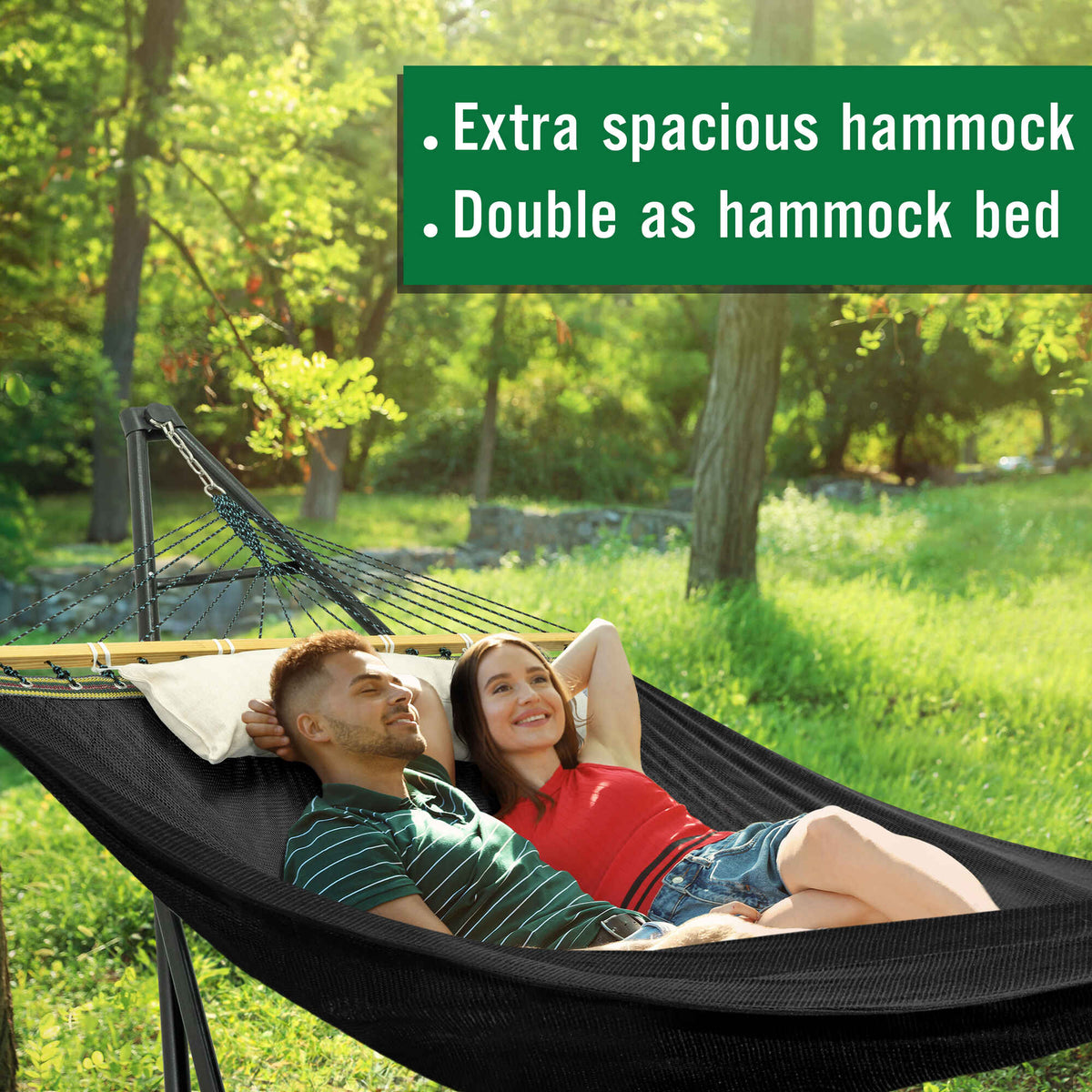 Outdoor hammock with stand, black fabric hammock bed and supporting frame