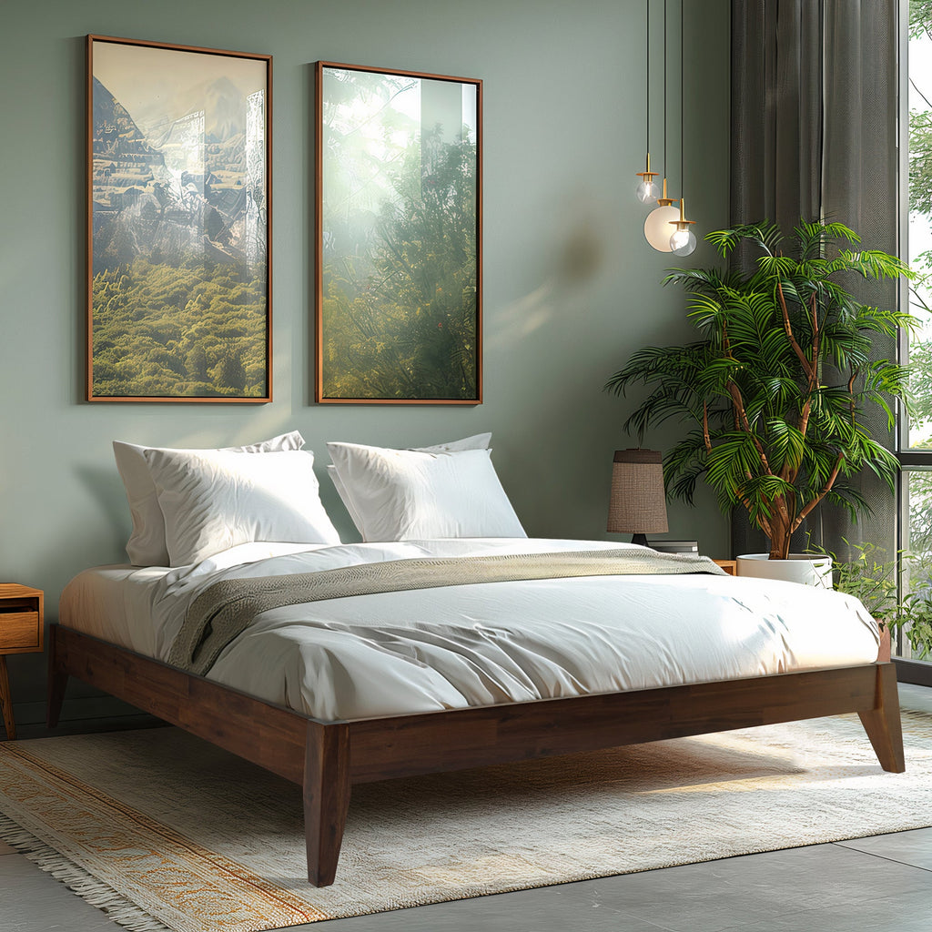 Dark wood bed frame with slatted center support and corner posts