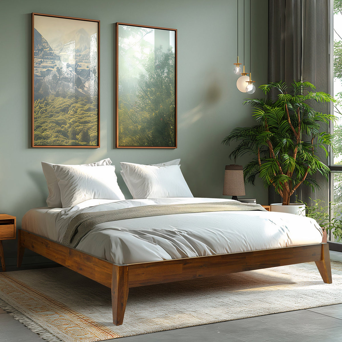 Wood bed frame with white duvet and pillows, tapered legs and side rails