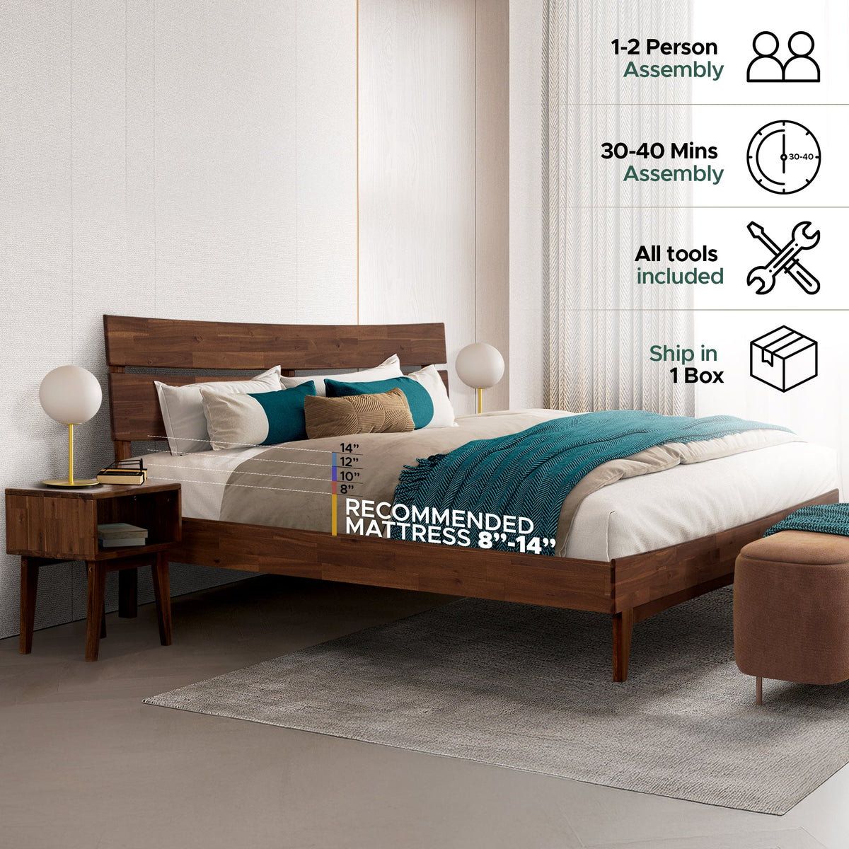 Solid wood bed frame with matching nightstand, slatted base and teal-accent bedding