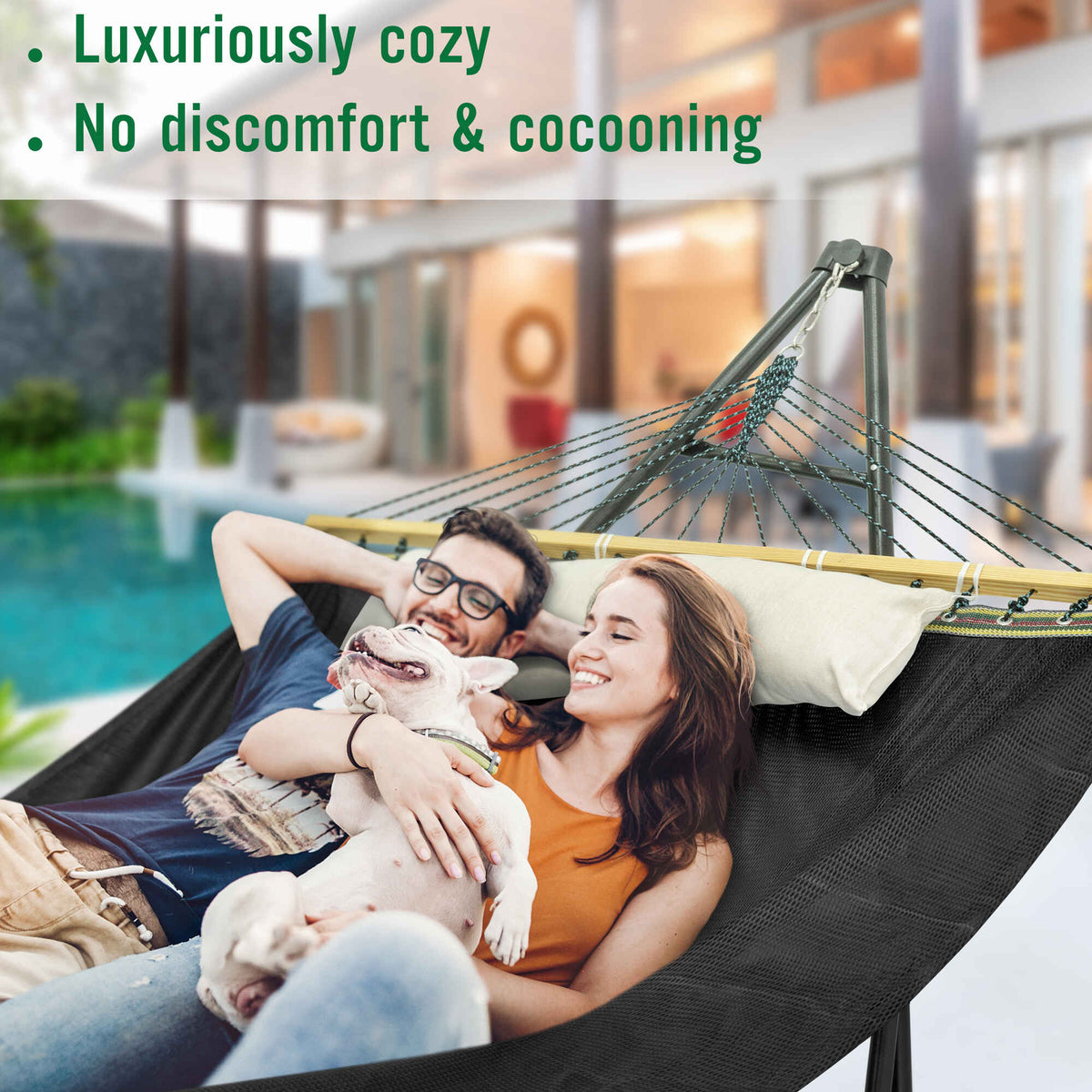Outdoor hammock with stand, black fabric bed and hanging rope suspension