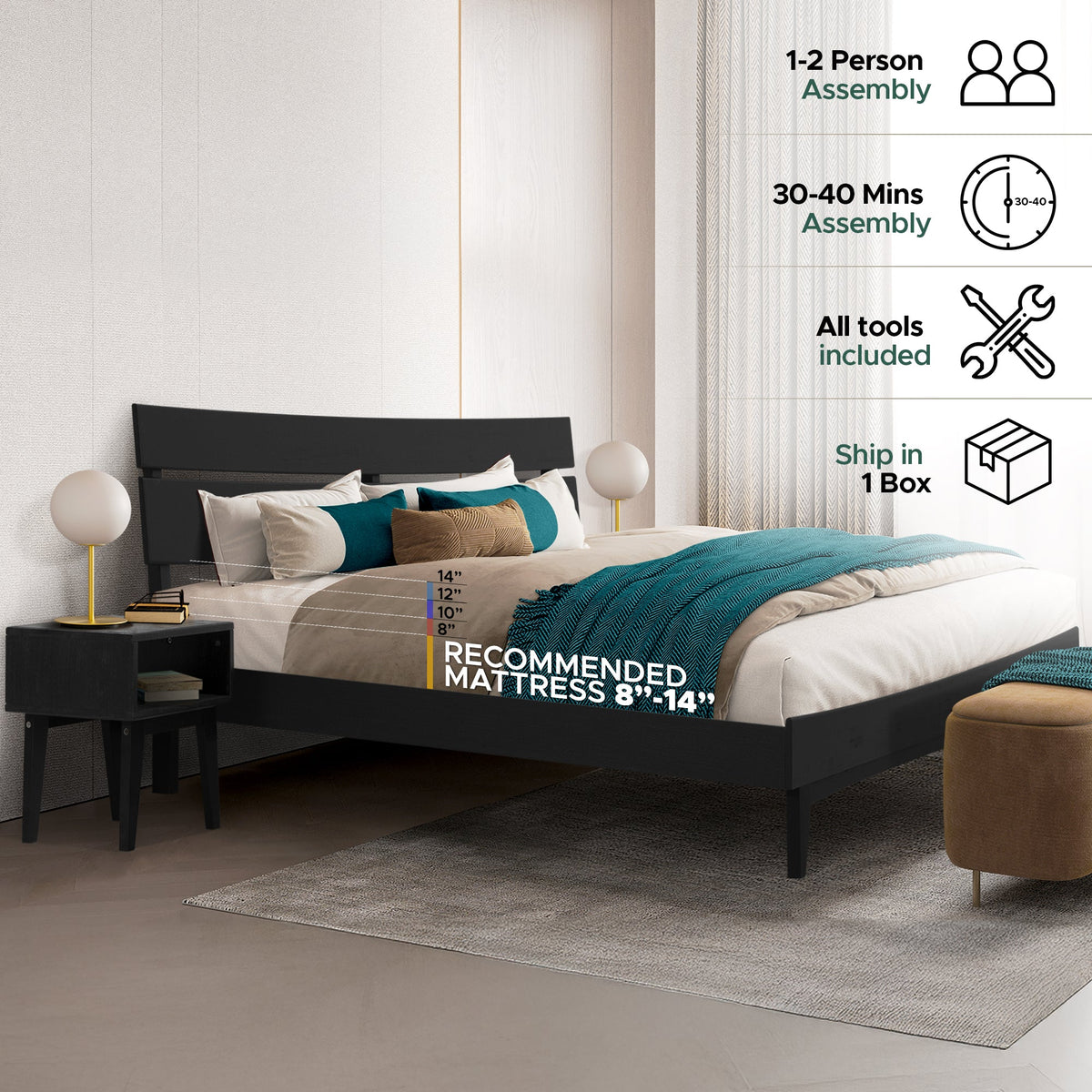 Black solid wood bed frame with matching nightstand and teal accent bedding