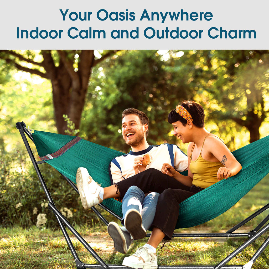 Teal collapsible hammock with black steel stand, shown with two people relaxing.