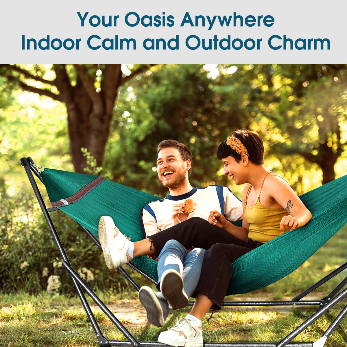 Teal collapsible hammock with black steel stand, shown with two people relaxing.