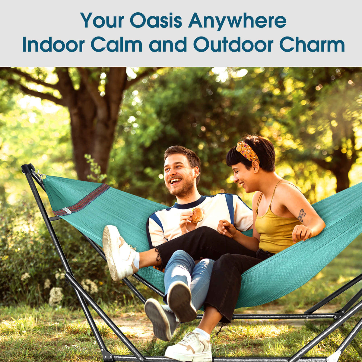 Teal hammock on black stand for lounging outdoors with two people