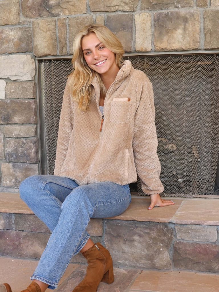 Tan sherpa full-zip jacket with hood, front zipper and stand collar for women