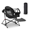 Black foldable camping rocking chair with footrest and carrying bag included