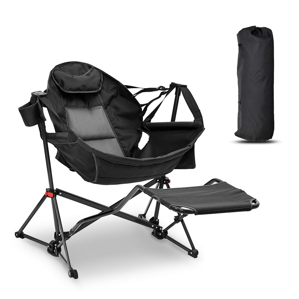 Black foldable camping rocking chair with footrest and carrying bag included