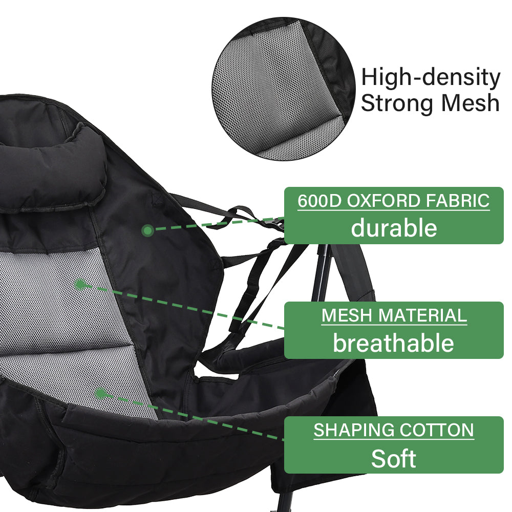 Black camping chair showing breathable mesh back and reinforced fabric panels