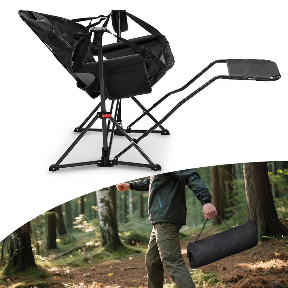 Black foldable camping rocking chair with attached footrest and storage bag