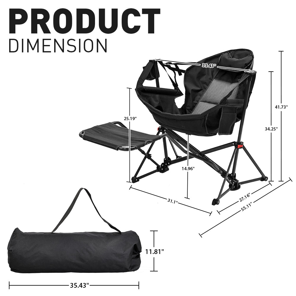Black camping rocking chair with footrest and included storage bag, size diagram