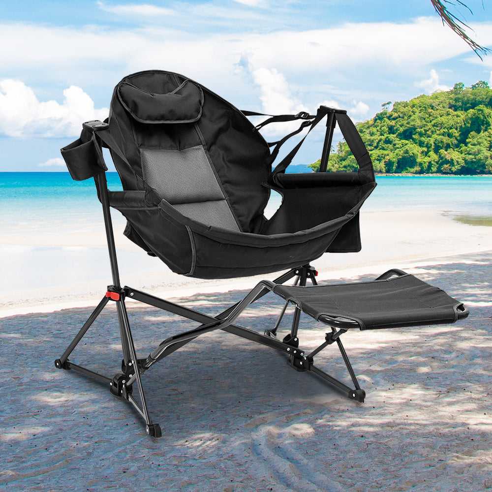 Black foldable camping rocking chair with footrest and side storage pocket