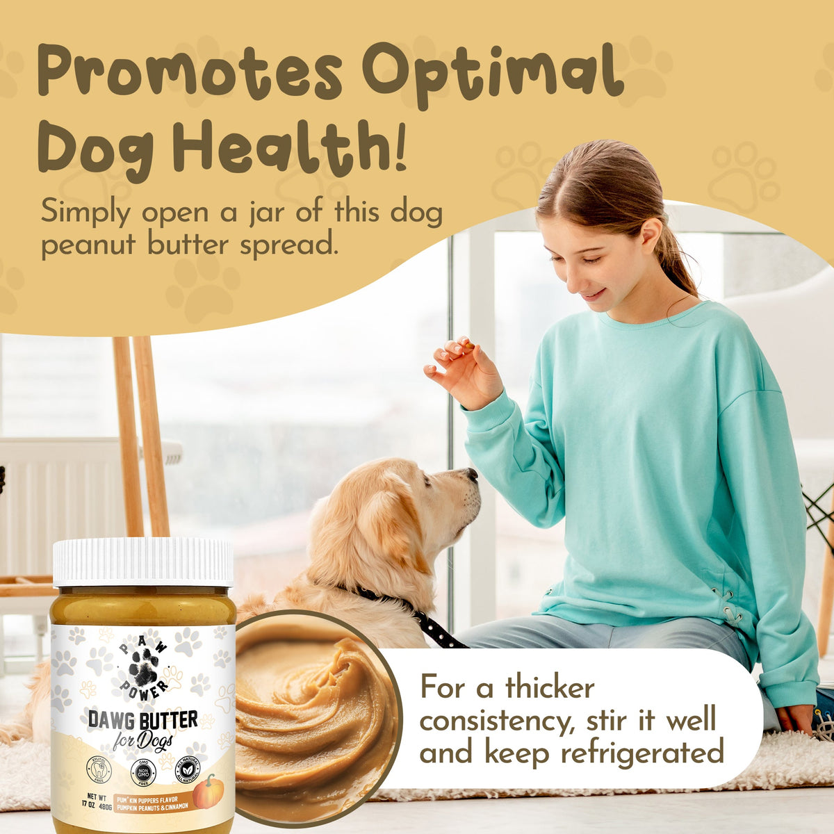 Dog peanut-butter jar with pumpkin spread beside seated dog and person