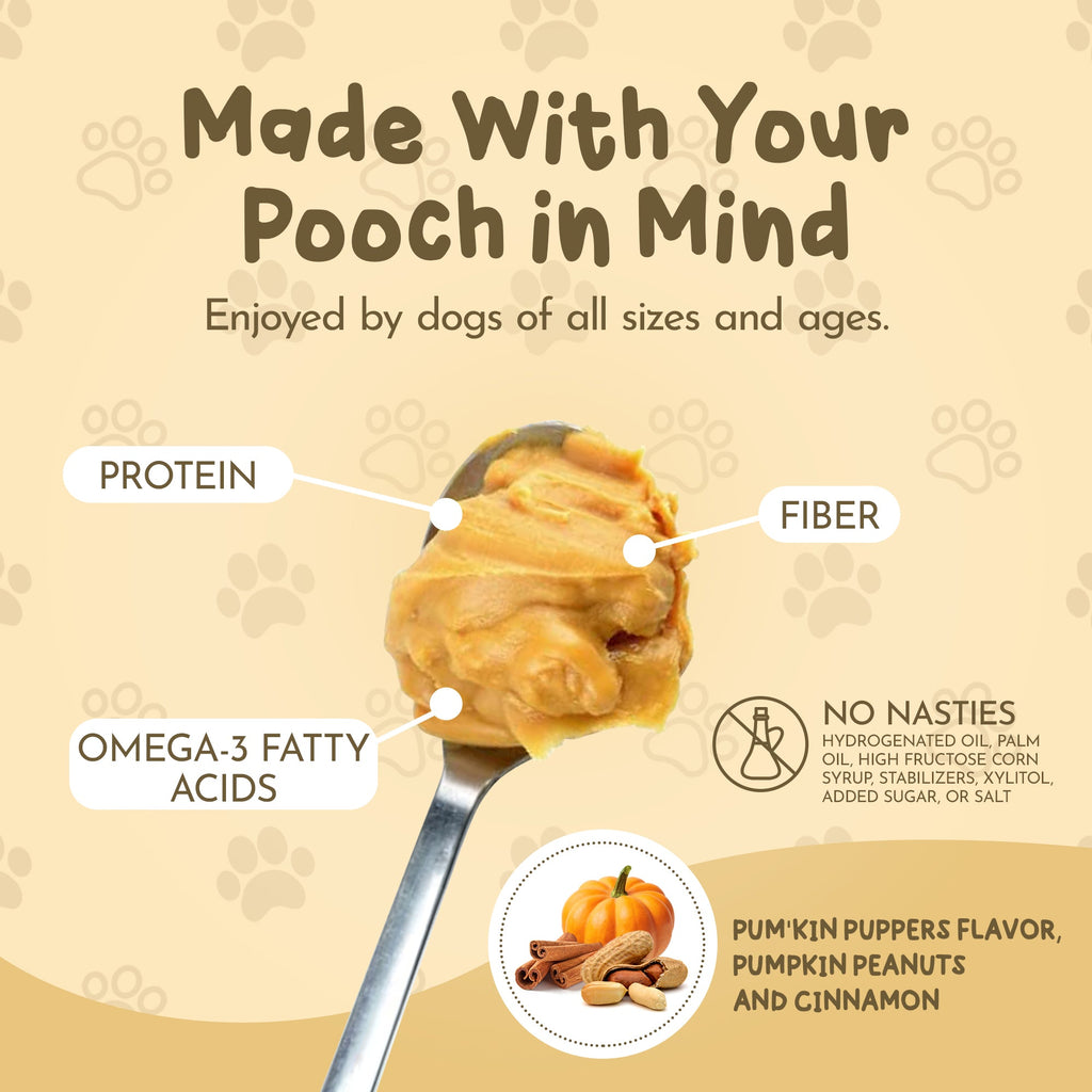 Spoonful pumpkin peanut-butter for dogs with protein, fiber, and omega callouts