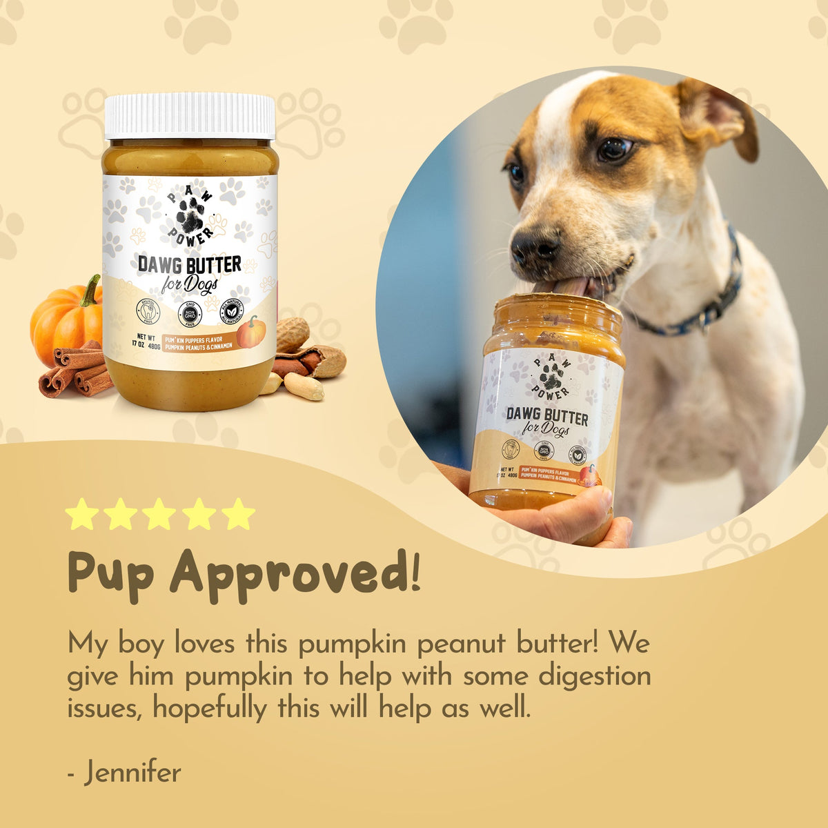 Pup approved pumpkin peanut-butter jar with small dog holding a jar