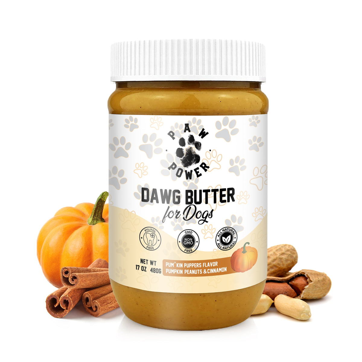 Pumpkin peanut-butter for dogs in white jar with pumpkin and spice items