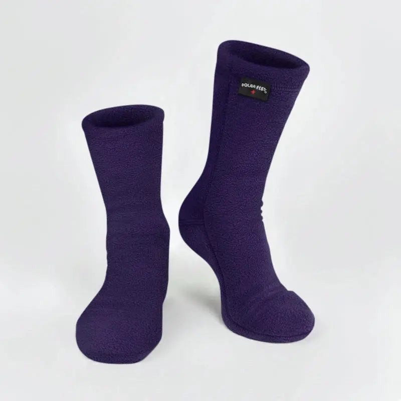 Purple fleece crew socks with small logo patch on cuff, two-pack