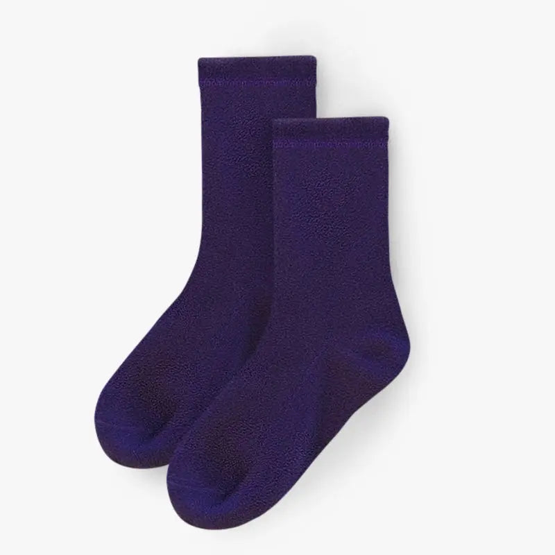 Purple fleece crew socks, upright pair with cushioned toe and heel