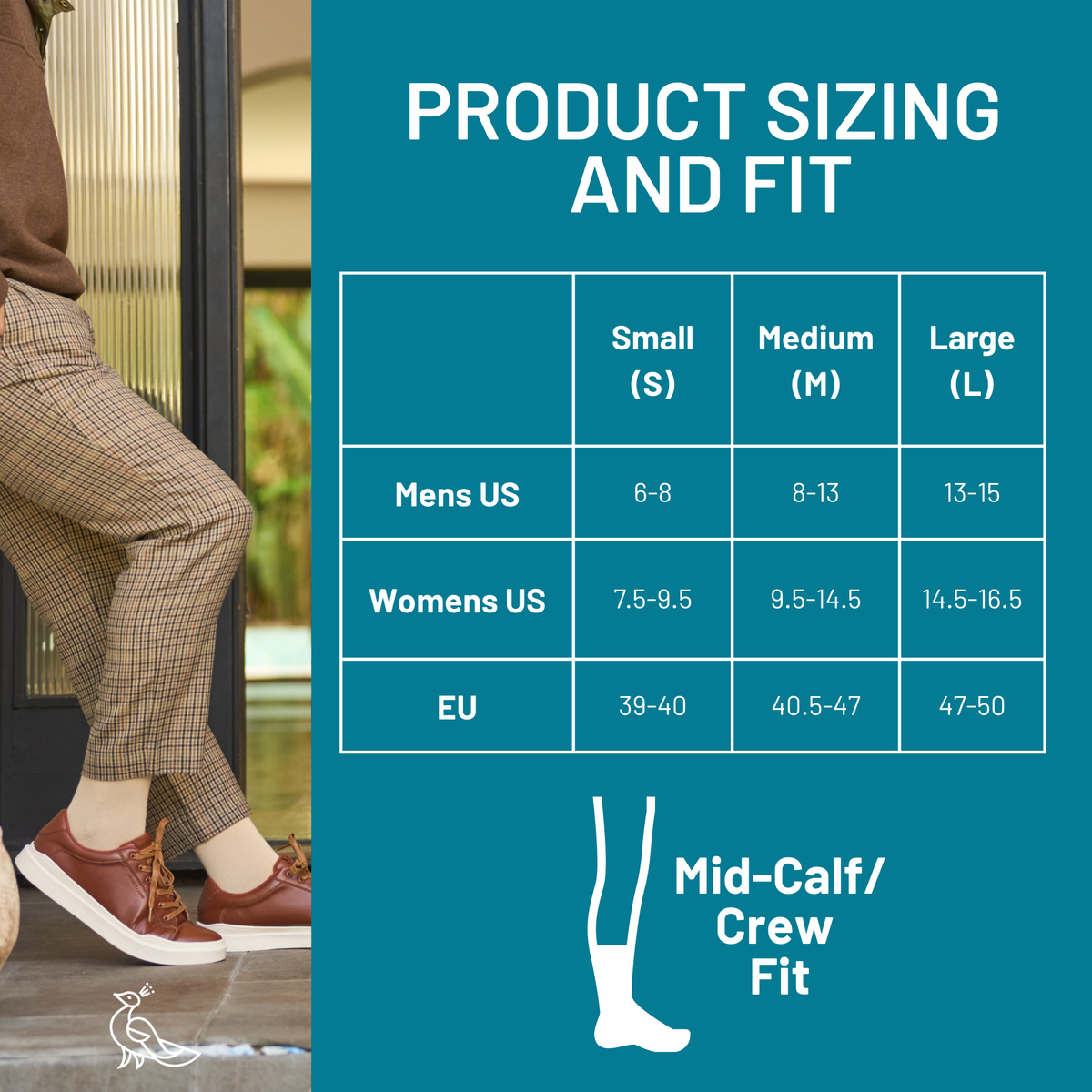 Product sizing infographic for socks: mens/womens shoe sizes and mid-calf/crew fit chart