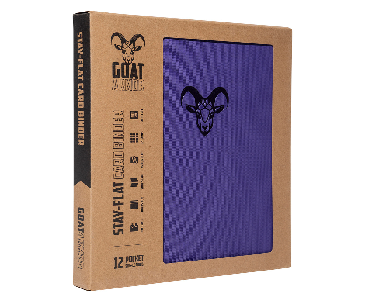 Card binder in box with purple front panel and goat head emblem