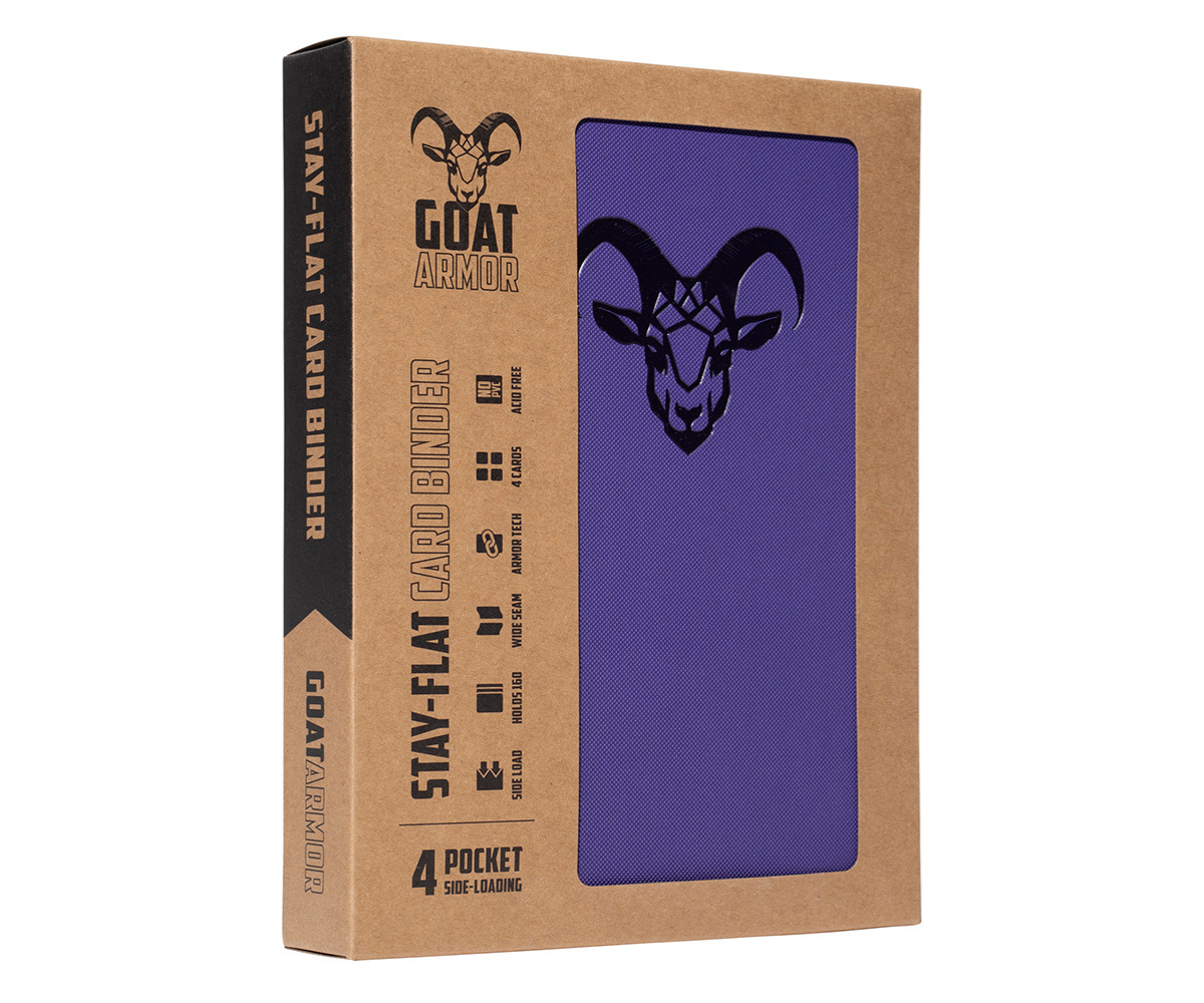 Purple card binder shown through retail box window with goat emblem