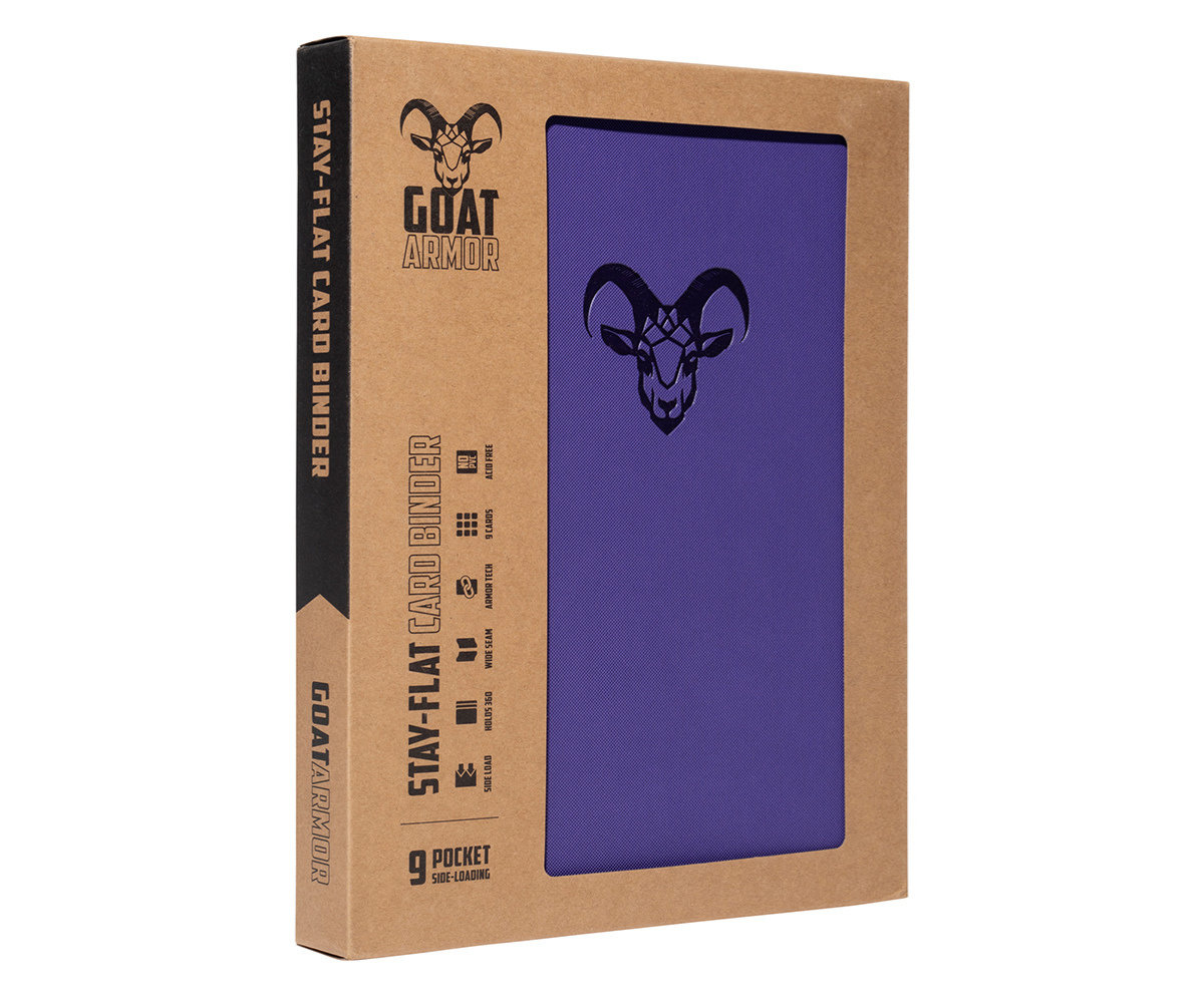 Stay Flat card binder, purple front panel with goat icon and slide-on style