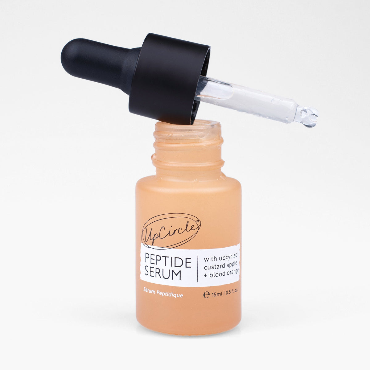 Peptide serum bottle with black dropper and clear applicator tip