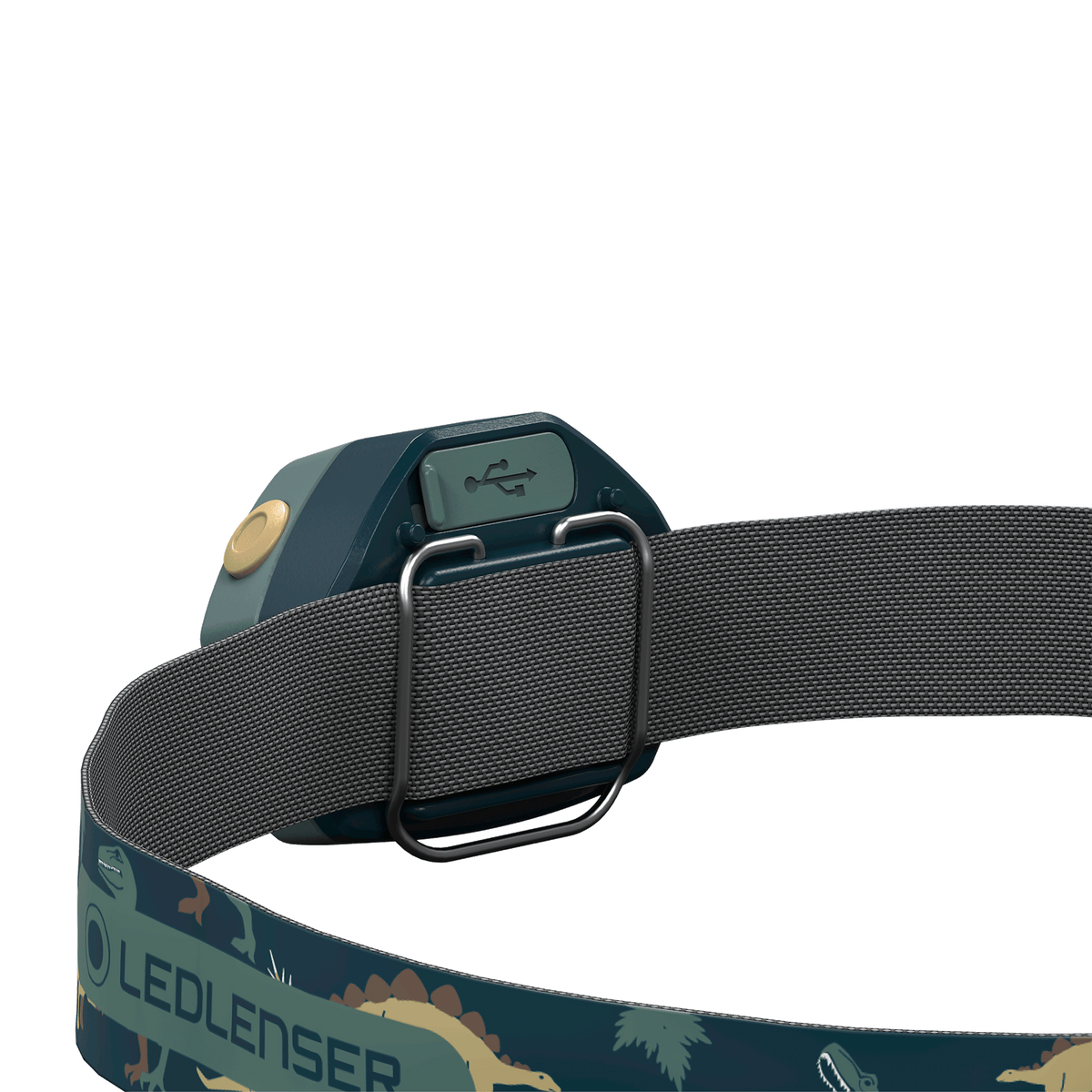 Kids dark green headlamp with dinosaur strap, adjustable bracket and control panel