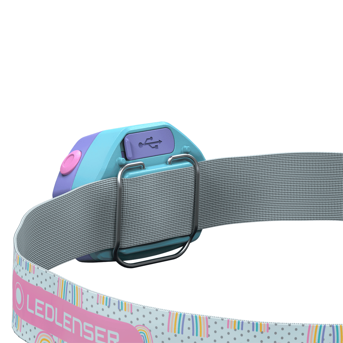 Kids purple headlamp with rainbow strap, adjustable buckle and control panel